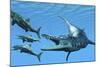 Liopleurodon Reptile Hunting Ichthyosaurus Dinosaurs in Jurassic Seas-null-Mounted Art Print