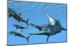 Liopleurodon Reptile Hunting Ichthyosaurus Dinosaurs in Jurassic Seas-null-Mounted Art Print