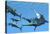 Liopleurodon Reptile Hunting Ichthyosaurus Dinosaurs in Jurassic Seas-null-Stretched Canvas