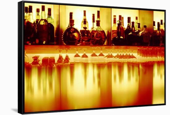 Liquor bottles and glasses, Paris, France-Panoramic Images-Framed Stretched Canvas