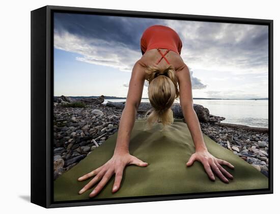 Lisa Eaton Holds a Downward Dog Yoga Pose on the Beach of Lincoln Park - West Seattle, Washington-Dan Holz-Framed Stretched Canvas