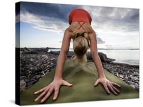 Lisa Eaton Holds a Downward Dog Yoga Pose on the Beach of Lincoln Park - West Seattle, Washington-Dan Holz-Stretched Canvas