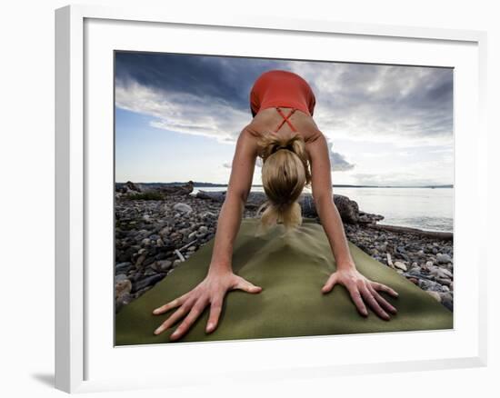 Lisa Eaton Holds a Downward Dog Yoga Pose on the Beach of Lincoln Park - West Seattle, Washington-Dan Holz-Framed Photographic Print