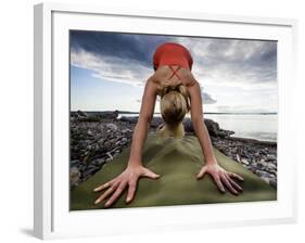 Lisa Eaton Holds a Downward Dog Yoga Pose on the Beach of Lincoln Park - West Seattle, Washington-Dan Holz-Framed Photographic Print