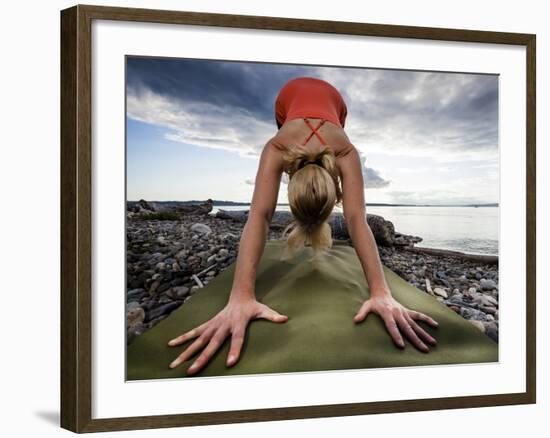 Lisa Eaton Holds a Downward Dog Yoga Pose on the Beach of Lincoln Park - West Seattle, Washington-Dan Holz-Framed Photographic Print