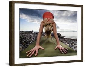 Lisa Eaton Holds a Downward Dog Yoga Pose on the Beach of Lincoln Park - West Seattle, Washington-Dan Holz-Framed Photographic Print