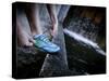 Lisa Eaton Laces Up Her Running Shoe Near a Water Feature at Freeway Park - Seattle, Washington-Dan Holz-Stretched Canvas