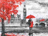 Oil Painting on Canvas, Street View of London, River and Bus on Bridge. Artwork. Big Ben. Man and W-lisima-Art Print