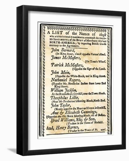 List of Boston Merchants to Be Boycotted for Importing British Goods, c.1770-null-Framed Giclee Print