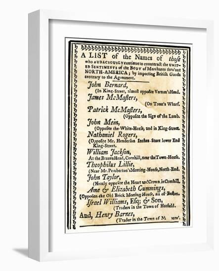 List of Boston Merchants to Be Boycotted for Importing British Goods, c.1770-null-Framed Giclee Print