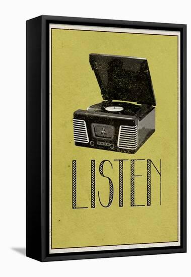 Listen Vintage Record Player-null-Framed Stretched Canvas