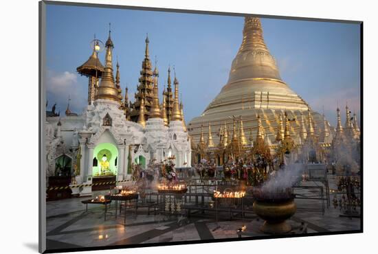 Lit Candles Placed by Devotees at Sunset at the Shwesagon Pagoda, Yangon, Myanmar (Burma)-Annie Owen-Mounted Photographic Print