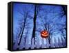 Lit Jack o'-Lantern Perched on Picket Fence-Ralph Morsch-Framed Stretched Canvas