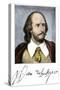 Literature: Portrait of William Shakespeare (1564-1616) with His Signature. Colouring Engraving of-null-Stretched Canvas