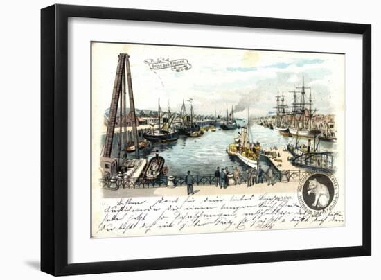 Litho Bremen, Freihafen, Anlegende Schiffe, Beobachter-null-Framed Giclee Print