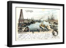 Litho Bremen, Freihafen, Anlegende Schiffe, Beobachter-null-Framed Giclee Print