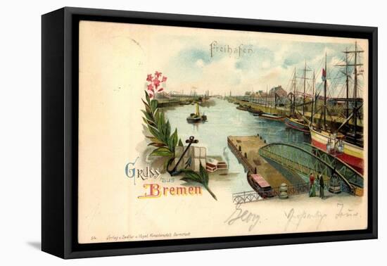 Litho Bremen, Freihafen, Anlegende Schiffe, Steg-null-Framed Stretched Canvas