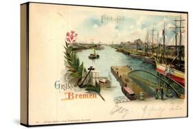 Litho Bremen, Freihafen, Anlegende Schiffe, Steg-null-Stretched Canvas