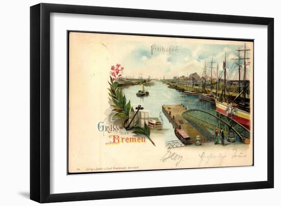 Litho Bremen, Freihafen, Anlegende Schiffe, Steg-null-Framed Giclee Print