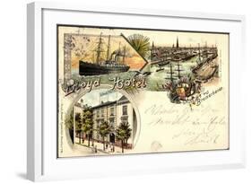 Litho Bremerhaven, Lloyd Hotel Mit Hafen Und Dampfer-null-Framed Giclee Print