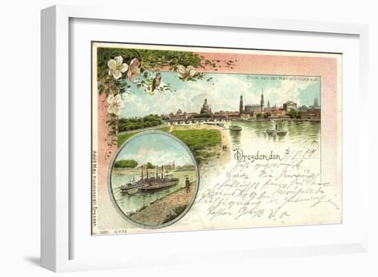 Litho Dresden, Blick Von Der Marienbrücke, Dampfer-null-Framed Giclee Print