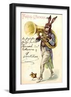 Litho Glückwunsch Ostern, Hase Spielt Auf Tuba, Küken-null-Framed Giclee Print