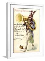 Litho Glückwunsch Ostern, Hase Spielt Auf Tuba, Küken-null-Framed Giclee Print