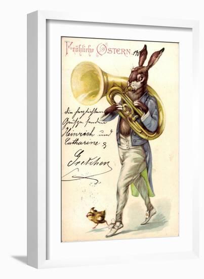 Litho Glückwunsch Ostern, Hase Spielt Auf Tuba, Küken-null-Framed Giclee Print