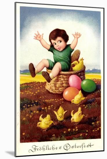 Litho Glückwunsch Ostern, Kind in Osterkorb, Küken,Eier-null-Mounted Giclee Print