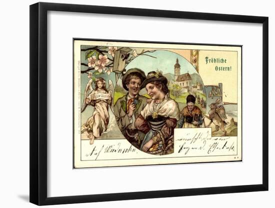 Litho Glückwunsch Ostern, Pärchen, Engel, Osterhasen-null-Framed Giclee Print