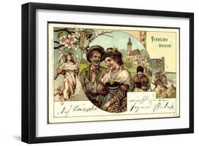 Litho Glückwunsch Ostern, Pärchen, Engel, Osterhasen-null-Framed Giclee Print