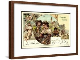 Litho Glückwunsch Ostern, Pärchen, Engel, Osterhasen-null-Framed Giclee Print