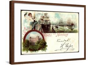 Litho Hamburg Harburg, Segelschiffe Im Hafen, Seewarte-null-Framed Giclee Print