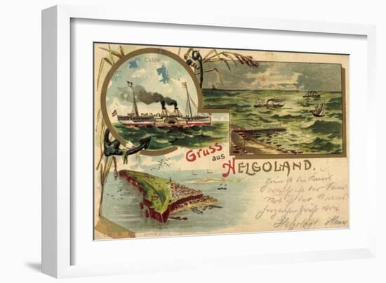 Litho Helgoland, Dampfer Cobra, Inselumriss, Segelboote-null-Framed Giclee Print