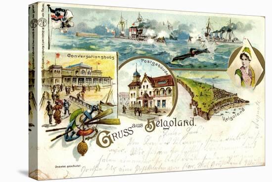 Litho Helgoland, Konversationshaus, Post, Insel, U Boot-null-Stretched Canvas