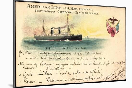 Litho S. S. St. Paul, American Line U.S. Mail Steamer-null-Mounted Giclee Print