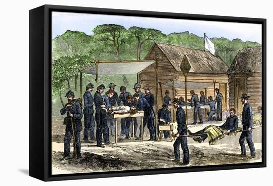 Litter-Bearers Bringing Wounded Men to a Union Army Field Hospital, c.1863-null-Framed Stretched Canvas