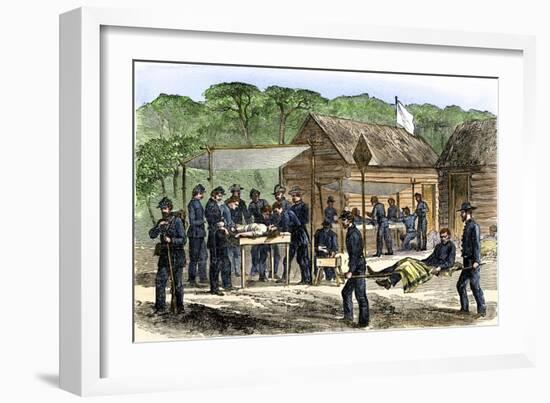 Litter-Bearers Bringing Wounded Men to a Union Army Field Hospital, c.1863-null-Framed Giclee Print