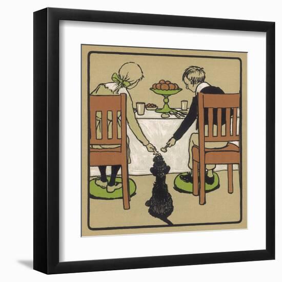 Little Black Dog Sits Patiently While a Boy and a Girl Hand Him Nice Things to Eat from the Table-Cecil Aldin-Framed Art Print