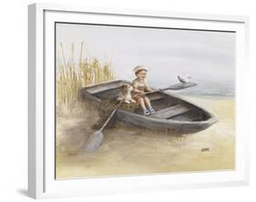 Little Boy and Dog in Beached Rowboat-Dianne Dengel-Framed Giclee Print