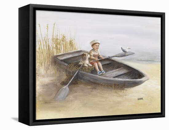 Little Boy and Dog in Beached Rowboat-Dianne Dengel-Framed Stretched Canvas