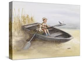 Little Boy and Dog in Beached Rowboat-Dianne Dengel-Stretched Canvas