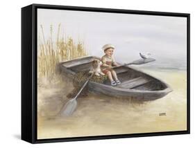 Little Boy and Dog in Beached Rowboat-Dianne Dengel-Framed Stretched Canvas