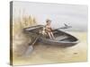 Little Boy and Dog in Beached Rowboat-Dianne Dengel-Stretched Canvas