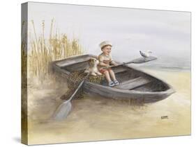 Little Boy and Dog in Beached Rowboat-Dianne Dengel-Stretched Canvas