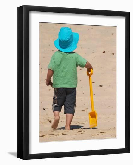 Little Boy and Spade on Beach, Gold Coast, Queensland, Australia-David Wall-Framed Photographic Print