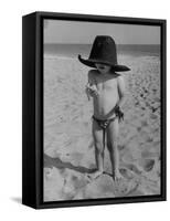 Little Boy at the Beach Wearing a Oversized Cowboy Hat Playing with a Toy Pistol-Ralph Crane-Framed Stretched Canvas