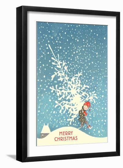 Little Boy Carrying Christmas Tree-null-Framed Art Print