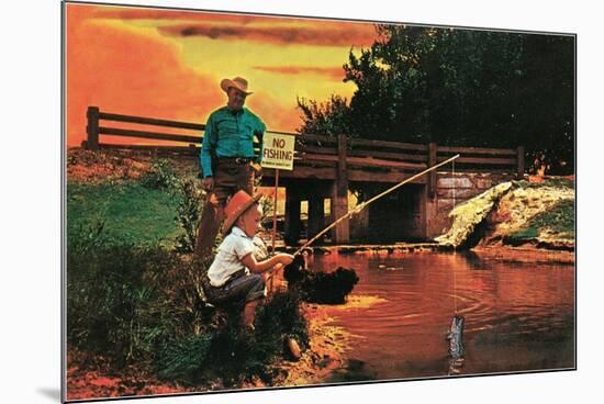 Little Boy Fishing by Sign-null-Mounted Art Print