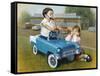 Little Boy in Toy Car with Girl Leaning on it Outside Old Fashioned Diner-David Lindsley-Framed Stretched Canvas